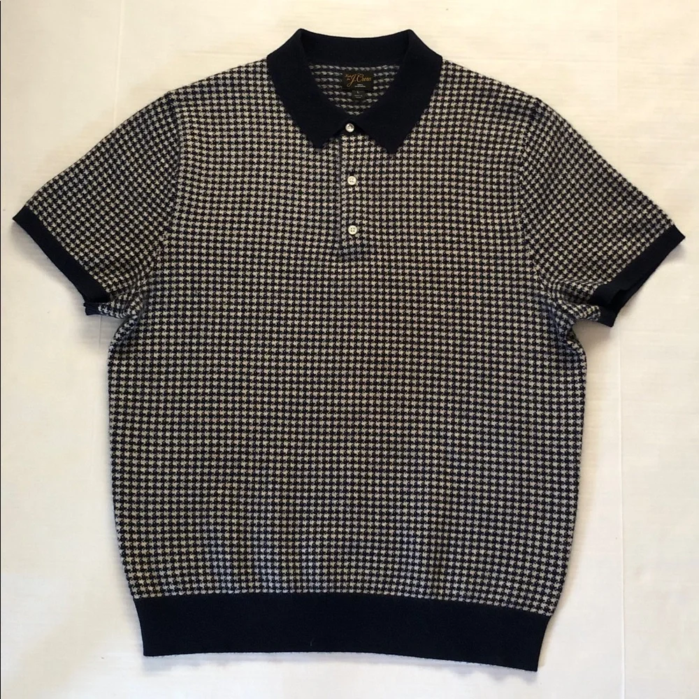 J. Crew Cashmere Men’s Short Sleeve Polo Sweater L Navy Houndstooth, excellent